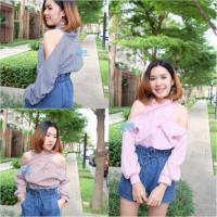 ราคา อก44นิ้วเสื้อคล้องคอเปิดไหล่ผ้าโอซาก้าลายริ้วทางลงเล็ก ดีไซน์เก๋ไก๋ใส่สวยไม่ซ้ำใคร (1761309863)