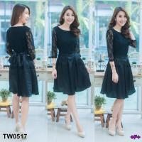 ราคา G0517 เดรสลูกไม้ แขนสามส่วนมีซับ ตัดต่อด้วยผ้าซาติน ผูกโบว์ (2306535057)