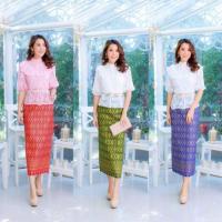 ราคา ชุดเดรสกระโปรงผ้าไทยพิมพ์ลาย เสื้อลูกไม้เนื้อนิ่ม คอกลม แขนจั๊มสามส่วน เอวระบาย ซับในยืดทั้งชุด ซิบซ่อนด้านหลัง (5532360925)