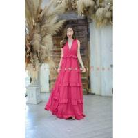ราคา เดรสยาว ระบายชั้นๆ สีชมพูบานเย็น (4370480495)
