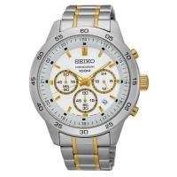 ราคา SEIKO Chronograph นาฬิกาข้อมือผู้ชาย หน้าปัดขาว-Silver/Gold สายสแตนเลส รุ่น SKS523P1 (67181639)
