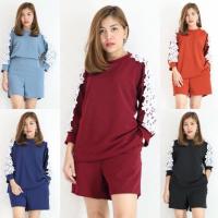 ราคา ชุดเซ็ต 2 ชิ้น เสื้อแขนยาวแต่งลูกไม้ กางเกงขาสั้น ผ้ามูลเวฟ (1678264582)