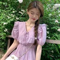 ราคา ☂ S-2XL ฝรั่งเศสขนาดเล็กสดขนาดใหญ่แขนสั้นชีฟองตุ๊กตาคอผูกโบว์สูงเอวสีม่วง A-Line เดรส ฤดูร้อน V คอยาวกระโปรง (21237235627)