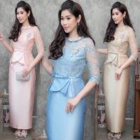 ราคา ชุดผ้าไหมเสื้อลูกไม้+กระโปรงยาว สีทอง/ฟ้า/ชมพูพีช (13954373484)