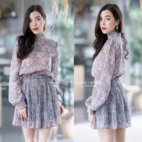 ราคา เซต 2 ชิ้น เสื้อชีฟอง+กางเกงกระโปรงอัดพลีท ลายดอก (1456266054)