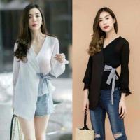 ราคา #เสื้อผูกเอว สั้นข้าง-ยาวข้าง งานตามหา ⭐️⭐️ (งานจีน)งานขายดีมาก ตัดต่อแต่งผ้าชีฟองอัดพีช ไม่มีกระดุมน๊า (1763370185)