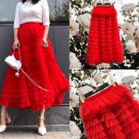 ราคา ✅พร้อมส่งค่ะ✅กระโปรงผ้ามุ้งฟูสีแดงระบายเป็นชั้นๆ (13275874509)