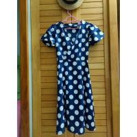 ราคา เดรสสีน้ำเงินลายจุดสีขาวคอไคว้แขนแต่งระบาย 2 ชั้น (5328236412)