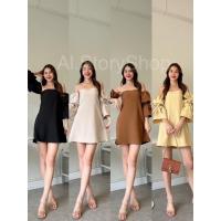ราคา เดรสปาดไหล่แขนพอง ใส่ปาดไหล่หรือคลุมไหล่ได้ แต่งผูกโบว์ช่วงแขน (18981794601)