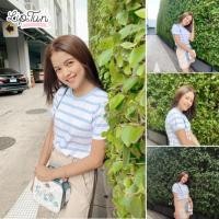ราคา เนื้อผ้า​Cotton​ 100% ( Striped T-shirt Fashions ) ‼️ เสื้อยืดลายขวาง เสื้อยืดลายทาง LB-25 ลายสี : ขาว/ฟ้า (20346502638)