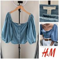 ราคา H&M Denim square neck top bottom up puff sleeve M / EU 38 / UK 10 / US 6 A187 (18193961287)