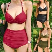 ราคา (พร้อม​ส่ง)​ชุด​ว่ายน้ำบิกินี่ทูพีช​ดันทรง สีแดงเรดไวน์​ อกไขว้สายผูกคล้องคอ​ กางเกงทรง​เอวสูง (6468745051)