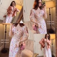 ราคา เดรสยาวลายดอกพื้นสีครีม ตัดดอกชมพู/ม่วงอมฟ้า สีสันสดใสน่ารักลงตัว ดีเทลไขว้หน้าทวงทวิต แขนบาร์บี้ (3446152274)