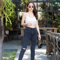 ราคา ยีนส์ขายาวทรงเดฟผ้ายืด ขาดเข่า สีดำเทา (5820721257)
