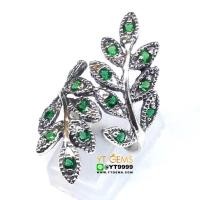 ราคา แหวนใบมะกอก แหวนมรกต แหวนเงินแท้ 92.5% รมดำ ประดับ พลอยมรกต (CZ) YTG-10338 (5935664702)