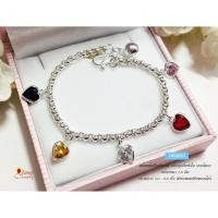 ราคา สร้อยข้อมือเงินแท้สำหรับเด็ก ลายผ่าหวาย ห้อยตุ้งติ้งหัวใจ พลอยหลากสี HB0087 (476334410)