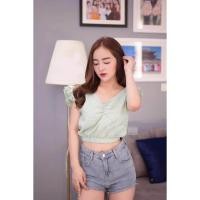 ราคา เสื้อครอปแขนกุด คอวีย่น เอวจั้มผ้าฝ้ายลินิน (23346273038)