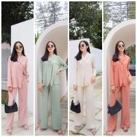 ราคา เสื้อม้วนอกแหวกหน้าแขนยาว แมทช์กับกางเกงขายาวเอวฟรีไซส์ (5179499397)