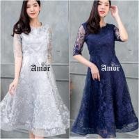 ราคา ชุดเดรส ชุดออกงาน dress เดรสลูกไม้ งานป้าย เดรสยาว แขนส่วน สีกรม เทาเงิน สาวอวบ ถูก พร้อมส่ง (1822901543)