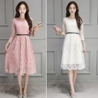 ราคา เสื้อผ้าสาวอวบ เดรสออกงานไซส์ใหญ่ ชุดลูกไม้ แขน 3 ส่วน ชุดยาวคลุมเข่า(สีโอรส,สีขาว) (1723554423)