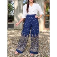 ราคา กางเกงขาบานผ้าฝ้ายหมักโคลนงานหรูดูแพง กางเกงผู้หญิงขาบานผ้าไทยลายพื้นเมือง กางเกงขายาวผู้หญิงลายไทยเอวสม็อคหลัง (18251752126)