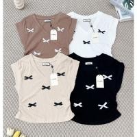 ราคา เสื้อยืดคอวีผ้าร่อง แขนสั้นคอวีแต่งโบว์ เสื้อสไตล์เวียดนาม แต่งโบว์ดำ จับจีบข้าง ป้าย G-rose. (24851537748)