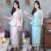 ราคา เดรสราตรียาวออกงานลูกไม้เปิดไหล่สีชมพู/สีเขียวมิ้นท์ มีโบว์คาดเอว M-XXL (2392922714)