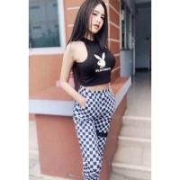 ราคา เซต2ชิ้น เสื้อแขนกุดคอเต่าทรงล้ำไหล่ ผ้าเรย่อน พิมโลโก้ เพลบอย กางเกงขายาวลายตารางหมากรุก ขาจั้ม ผ้าวอร์ม สวยๆเลยจ้า (2581237485)