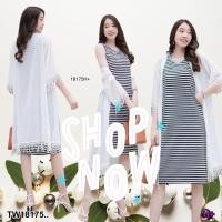 ราคา เดรสเที่ยว ไปทะเล Set 2 ชิ้น เสื้อคลุมซีทรู แต่งลูกไม้ตุ้งติ้งสีขาว ใส่คู่กับชุดเดรสแขนกุดลายริ้วขาวดำ (20964522240)