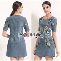 ราคา Lady Lila Sweet Feminine Floral Embroidered Denim Dress (3401915)