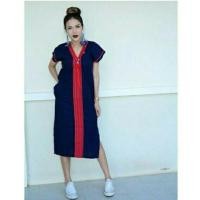 ราคา ชุดเดรสพื้นเมือง ชุดเดรสกะเหรี่ยง ชุดเดรสผ้าฝ้ายสีกรมท่าแต่งแถปผ้าทอนากาสีแดง (23001987168)