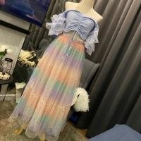 ราคา ขายยกชุดนะคะ‼️ เสื้อปาดไหล่ครอป+กระโปรงสีรุ้งแต่งกลิตเตอร์ดาวทั้งตัว (5938772402)