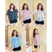 ราคา เสื้อคอเหลี่ยมผ้าชีฟองเกาหลีมีลายในตัวพิมพ์ลายดอกไม้ งานแต่งระบายขนมชั้นงานแต่งกระดุม รอบอก 40-48 นิ้ว (24681865182)