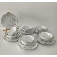 ราคา ชุดแก้ว Wood by SANGO JAPAN แก้วน้ำชา กาแฟ เนื้อเซรามิค ใบสีขาวขอบเงินลายดอกไม้ หูจับแก้วแต่งขอบสีเงิน (24466116869)