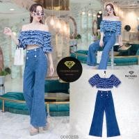 ราคา เซ็ต 2 ชิ้น เสื้อครอปยีนส์ทรงปาดไหล่แมทช์คู่กับกางเกงขายาวเอวสูง (23133604416)