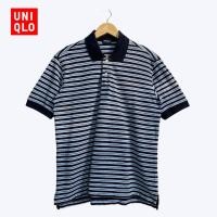 ราคา เสื้อโปโลคอปกผู้ชายแขนสั้น สีกรมตัดขาวฟ้าเหลือง ลายทาง มือสอง Uniqlo (23086735380)