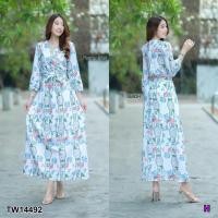 ราคา MM14492 เดรสยาวอกไขว้ลายดอก Long dress with floral patternMaxi Dress เดรสยาว ดีเทลเสื้อไขว้ด้านหน้า (25355879049)