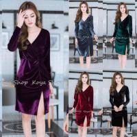 ราคา เดรสกำมะหยี่ ออกงาน ทรงคอสีป้าย สวย ดูหรู มีแดง เขียว เทา ดำ ม่วง กรม พร้อมส่ง เหมาะกับงานแต่ง งานแต่ง งานหมั้น (26362829722)