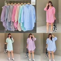 ราคา Dress shirt เดรสเชิ้ตคอปกแขนยาวลายริ้ว ทรงหน้าสั้นหลังยาว (26264625185)