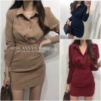 ราคา เสื้อผ้าแฟชั่น ผู้หญิง เดรสสั้น ใส่ทำงานได้ คอปก ติดกระดุมหน้า สีแดง น้ำตาล กรม พร้อมส่ง (27805877063)