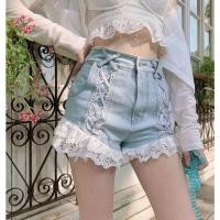 ราคา (New) Bobon21 แท้ กางเกงยีนส์ขาสั้นถักโบว์แต่งลูกไม้ สียีนส์ (24971852750)