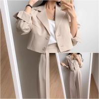 ราคา KaeKai พร้อมส่ง เสื้อสูท ครอป + กางเกงขายาว เอวหลังสม็อค ยางยืด ชุดทำงาน แฟชั่น ผู้หญิง (25706350353)