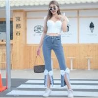 ราคา กางเกงยีนต์ขาม้าปลายขาระบายแต่งโบว์ (10399390543)