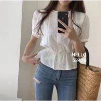 ราคา 5342#เสื้อสีขาวลูกไม้ฉลุแขนสั้น กระดุมผ่าหน้าใช้งานได้จริง จั้มยางยืดปล่อยระบายชายเอวสวยๆเก๋ๆ (5379375350)