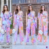 ราคา GN14343 **รบกวนสอบถามก่อนสั่งซื้อจ้า** Set 3 ชิ้น #สาวอวบ เกาะอก+เสื้อเชิ้ต+กางเกงขายาว ลายมัดย้อม (3675754087)