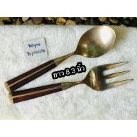 ราคา งานเก่า Vintage brass salad fork and spoon ช้อนส้อมทองเหลือง ช้อนส้อมสลัดทองเหลืองด้ามไม้ (5094223282)