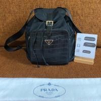 ราคา Prada Tessuto Nylon Crocodile Embossed Calfskin Cinch Backpack Black ปราด้า พราด้า ของแท้ มือสอง แบรนด์เนม กระเป๋าเป้ (25062870128)