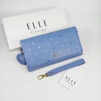 ราคา ELLE bag กระเป๋าสตางค์ผู้หญิงใบยาว สามพับ สีฟ้า หนังแท้พิมพ์ลายรูปหัวใจ มีสายคล้องมือ (18264966173)