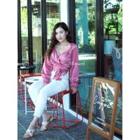 ราคา เสื้อป้ายอกไขว้ผูกเอว ผ้าไหมเกาหลีสีชมพู (4550500886)