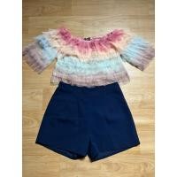 ราคา ชุดเข้าเซ็ต ขาสั้น เสื้อปาดไหล่ขนมชั้น เสื้อสายรุ้ง (25300149241)